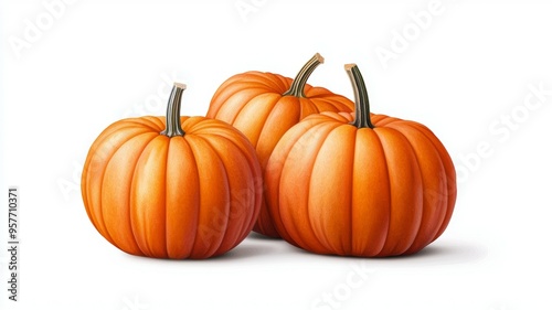 Three orange pumpkins are sitting on a white background