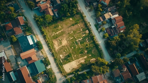 Aerial view of a vacant lot surrounded by residential buildings in a quiet neighborhood