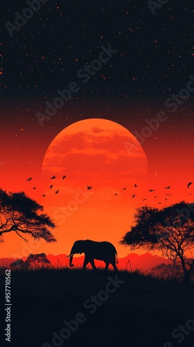 Silhouette of an Elephant Against a Red Sunset with a Starry Night Sky