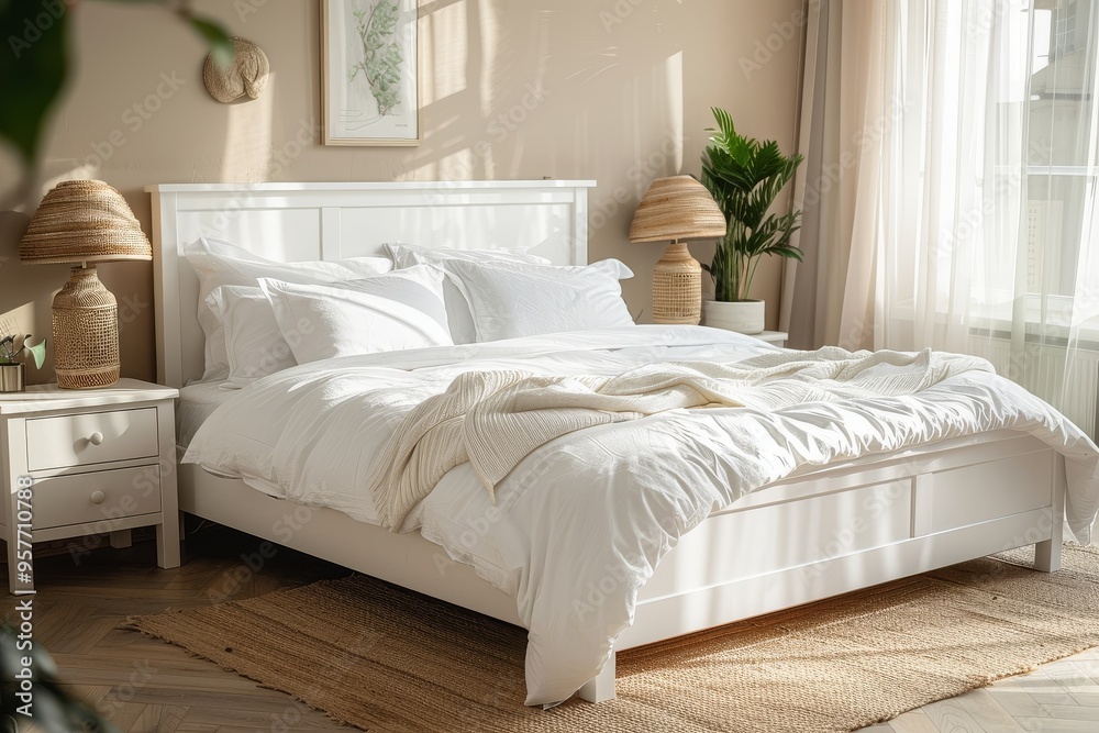 Solid pine white wooden bed frame with headboard and footboard in stylish bedroom decor with natural lighting Solid pine white wooden bed frame with headboard and footboard in stylish bedroom decor with natural lighting