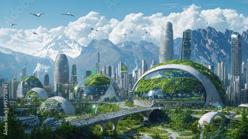 Futuristic Cityscape with Green Domes and Flying Vehicles