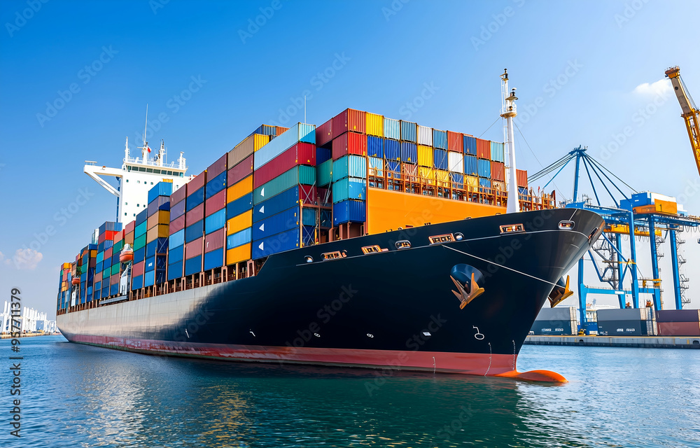 Fototapeta premium Large Cargo Ship Loading Colorful Shipping Containers at Industrial Port