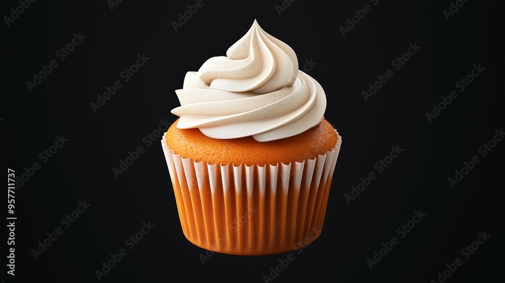 A cupcake with a white frosting and orange frosting on top A cupcake with a white frosting and orange frosting on top