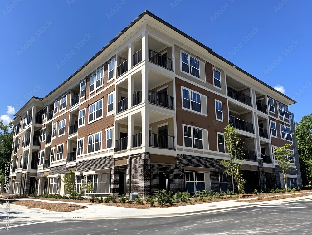 A modern apartment building with brown and white exterior and black railings. A modern apartment building with brown and white exterior and black railings.