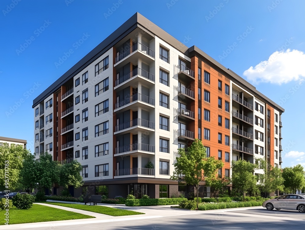 Modern apartment building with balconies and a green lawn in front. Modern apartment building with balconies and a green lawn in front.