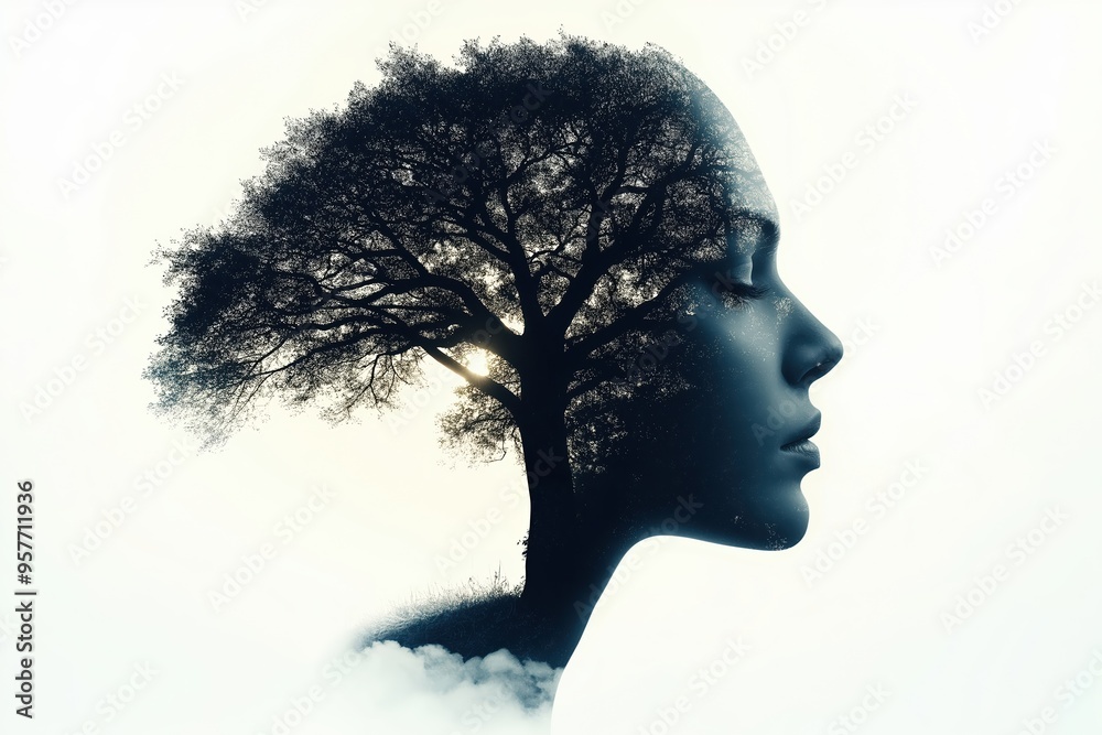 Woman connecting with nature, a tree growing inside her mind Woman connecting with nature, a tree growing inside her mind