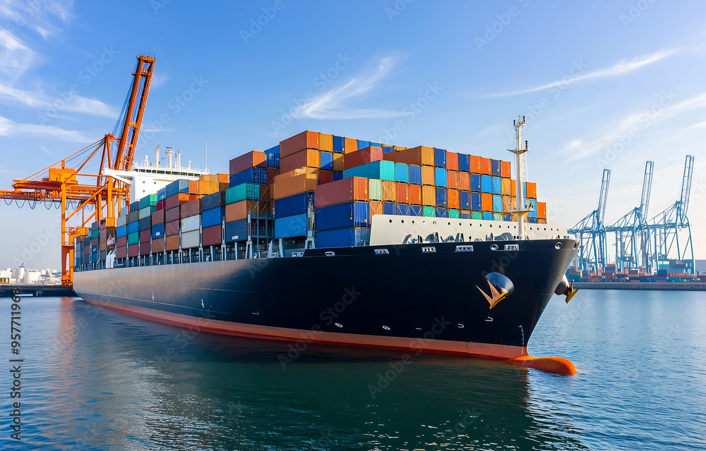 Fototapeta premium Large Cargo Ship Loading Colorful Shipping Containers at Industrial Port