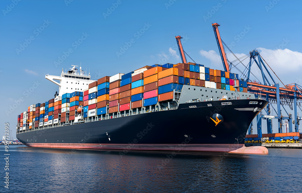 Fototapeta premium Large Cargo Ship Loading Colorful Shipping Containers at Industrial Port