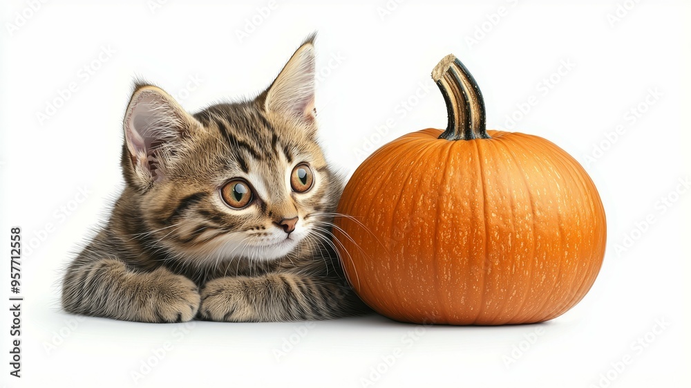 A cat is laying on the ground next to a pumpkin A cat is laying on the ground next to a pumpkin