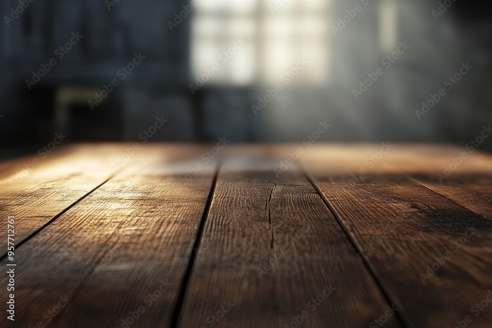 Close up of a wooden table with a blurry background of light coming through a window. Close up of a wooden table with a blurry background of light coming through a window.