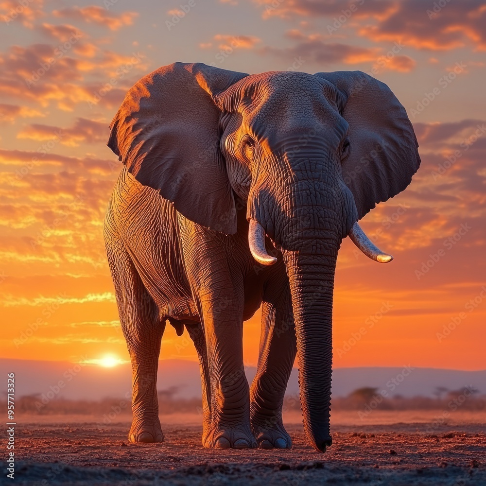 Fototapeta premium Elephant Walking Towards Sunset in African Savanna