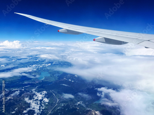 Aerial Perspective of German Countryside and Mountains with Airplane Wing