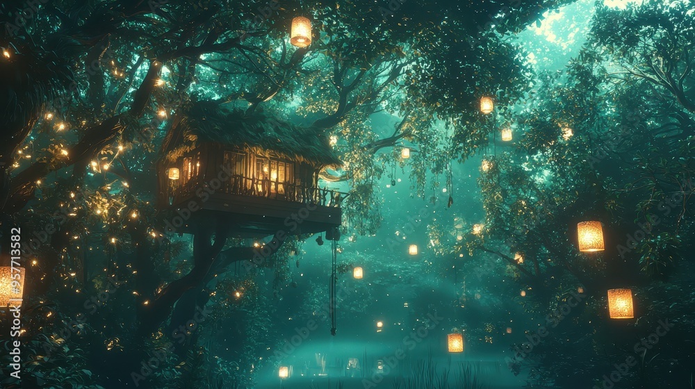 Magical Treehouse in Enchanting Forest with Glowing Lanterns Magical Treehouse in Enchanting Forest with Glowing Lanterns