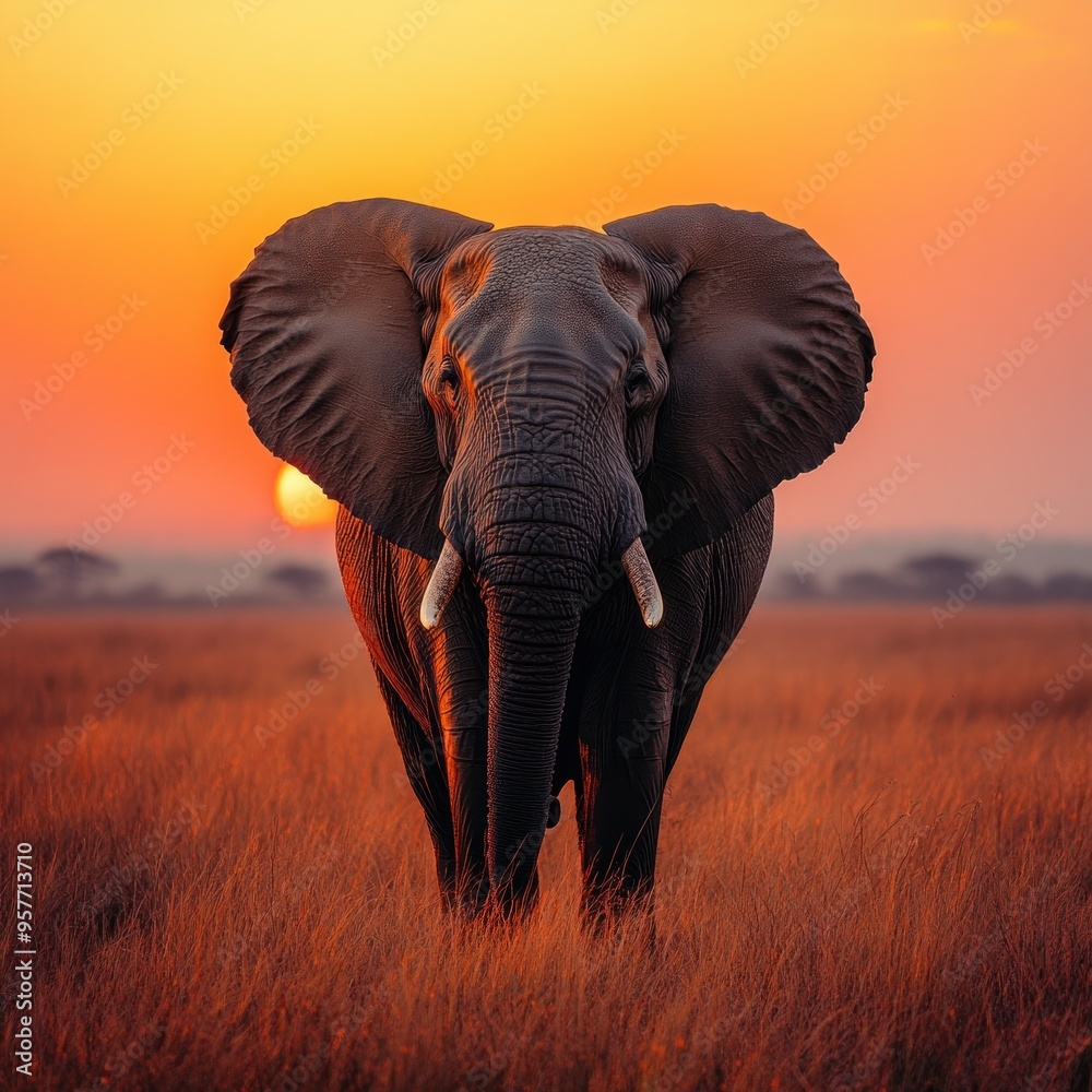 Obraz premium African Elephant Standing Tall in a Field at Sunset
