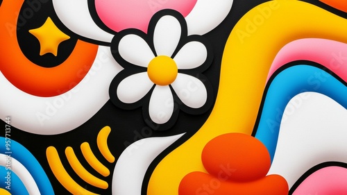 A colorful abstract painting with a white flower in the middle photo