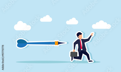 A businessman dodging arrows while running for safety, Illustration concept of Racing against project deadlines to speed up business tasks
