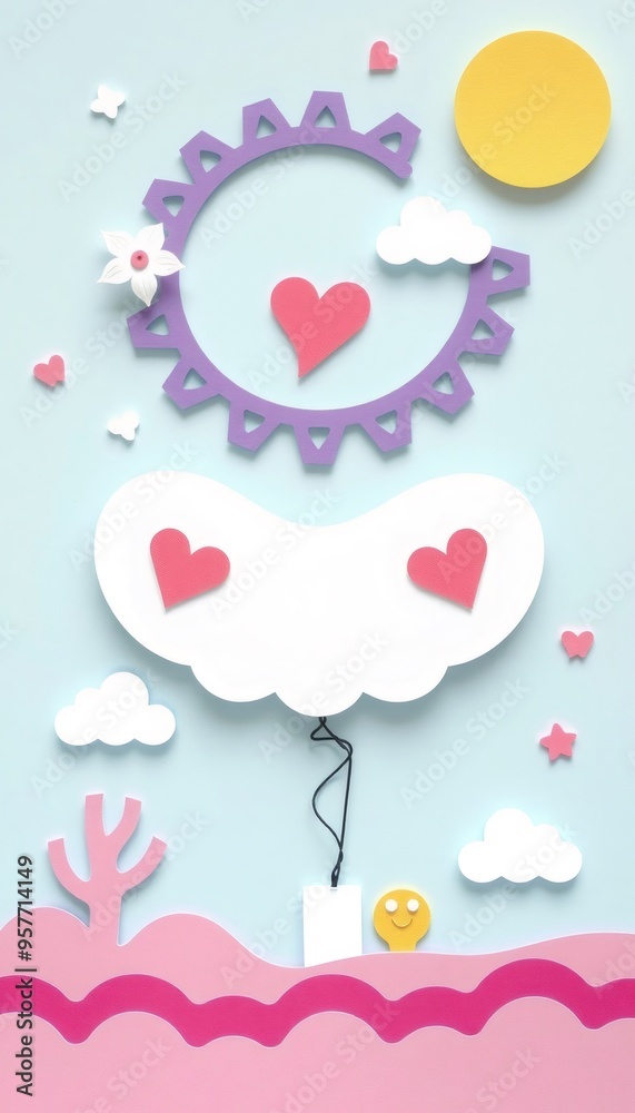 Cute papercraft art with cloud and heart shapes on a light blue background. Cute papercraft art with cloud and heart shapes on a light blue background.