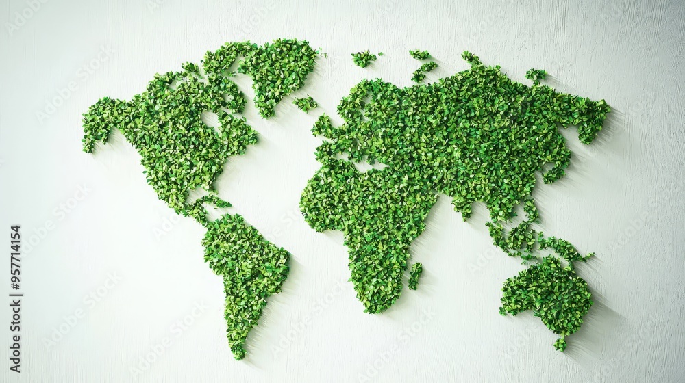 Green World Map Made of Leaves on White Wall Green World Map Made of Leaves on White Wall