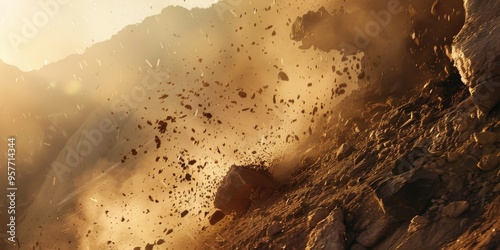Rock debris earth or soil moving down a slope is known as Landslides photo