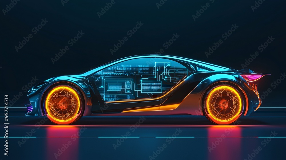 Futuristic Smart Electric Car Displaying Digital Interface for Energy Consumption and Rang