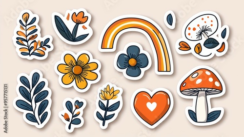 A collection of stickers featuring flowers, a heart, and a mushroom