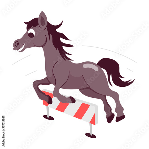 Cartoon style mascot of horse jumping hurdle 