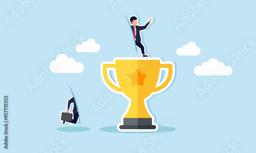 A businessman stepping through a magic corridor to reach the top of trophy, Illustration concept of Reaching top awards or becoming a top performer quickly or through shortcuts