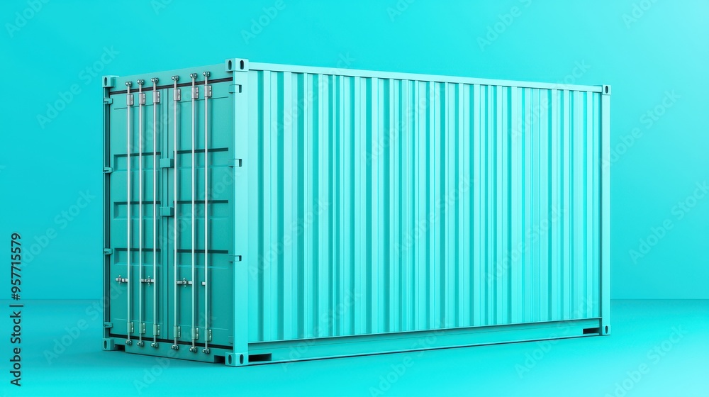 Blue Shipping Container on Turquoise Background Blue Shipping Container on Turquoise Background