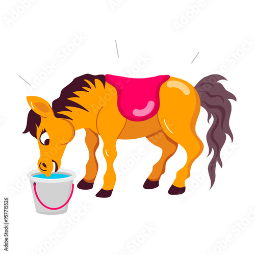 Comic style sticker of horse drinking water from pail 