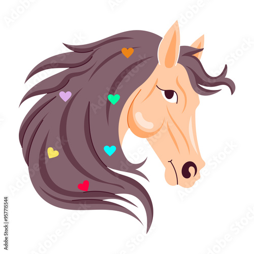 Comic style sticker of horse hair with hearts on head 
