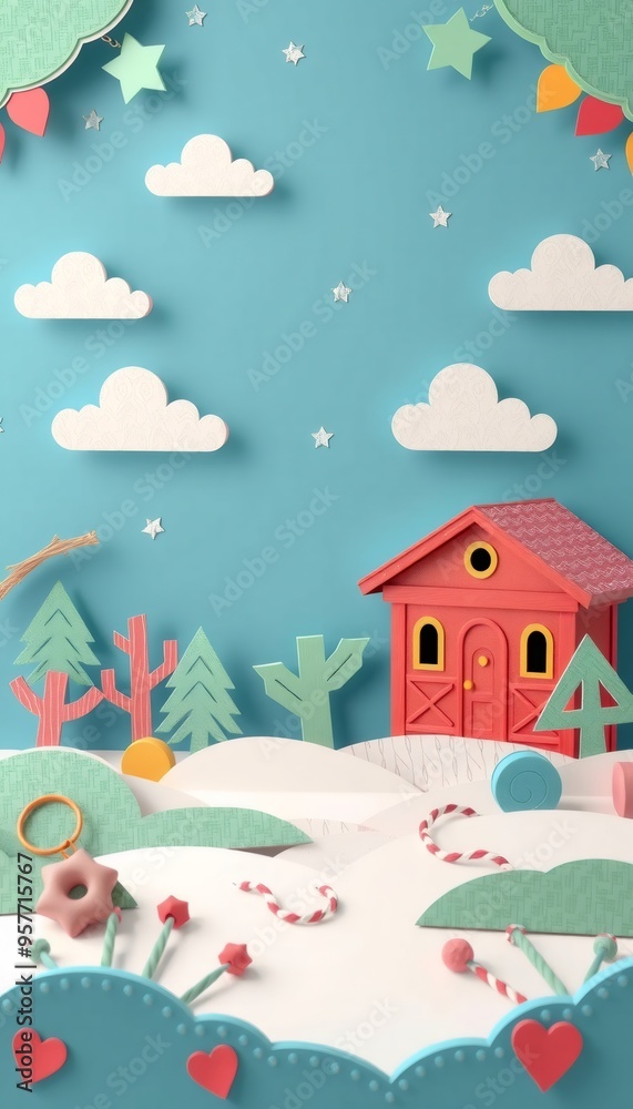 Red house in a paper craft winter wonderland. Red house in a paper craft winter wonderland.