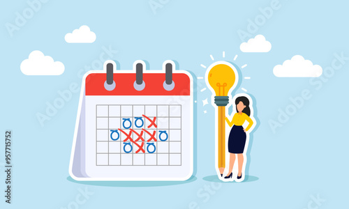 A businesswoman holding a pencil with a light, standing next to a schedule, Illustration concept of Productivity in planning and scheduling all upcoming events