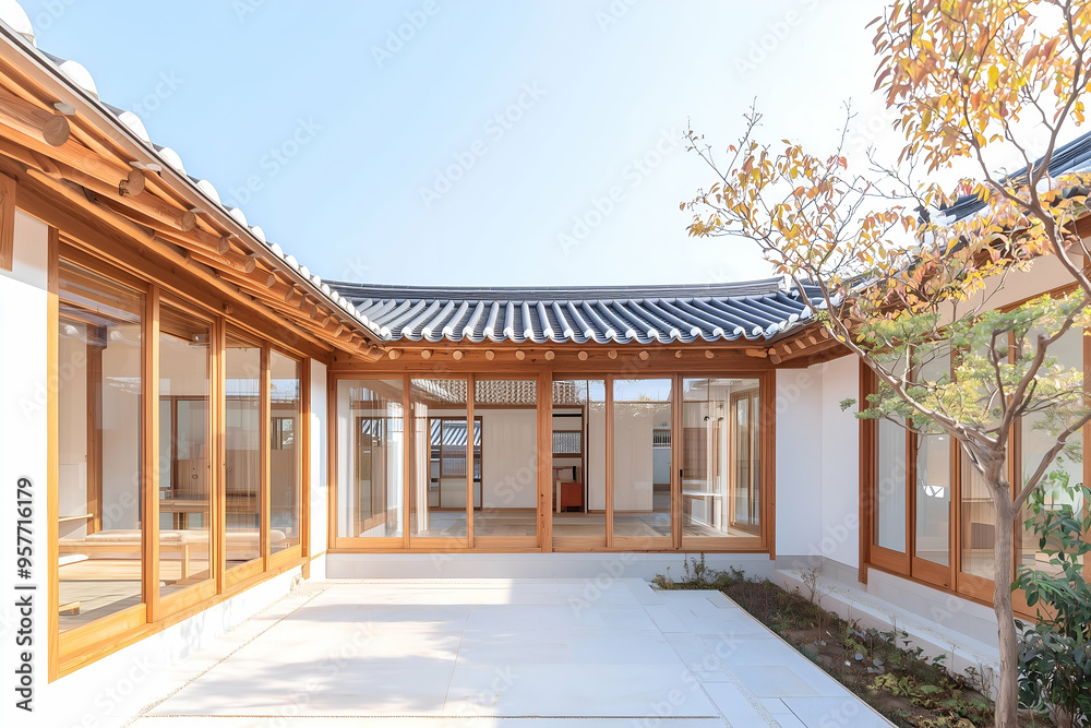 Traditional Korean Hanok House with Wooden Structure and Tiled Roof under Blue Sky Traditional Korean Hanok House with Wooden Structure and Tiled Roof under Blue Sky