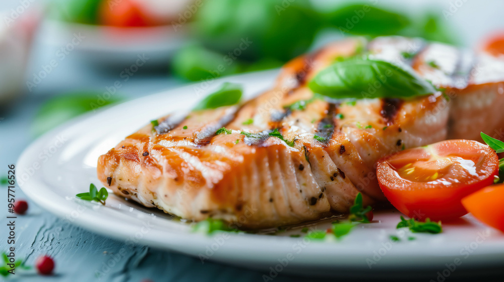Grilled salmon with fresh herbs and vegetables on white plate Grilled salmon with fresh herbs and vegetables on white plate