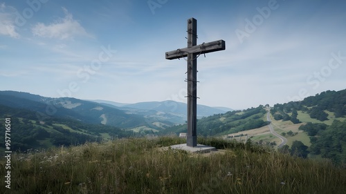 Timeless Stone Cross on Hilltop at Sunset