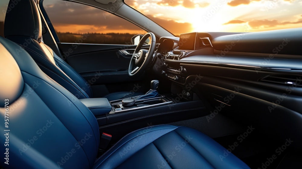 Modern Car Interior with Sunset View Modern Car Interior with Sunset View