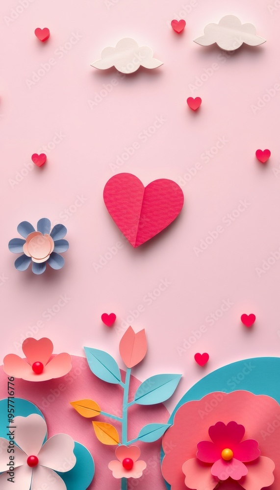 Paper flower arrangement with hearts and clouds on pink background. Paper flower arrangement with hearts and clouds on pink background.