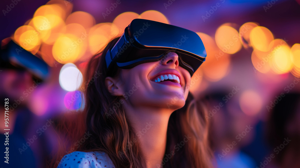 Woman Experiencing Virtual Reality at Night
