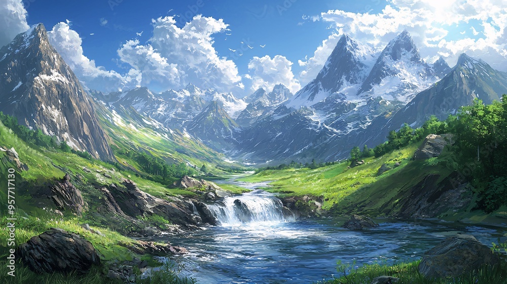 Serene Mountain Landscape with Flowing River Ideal for Adventure Travel and Outdoor Explor Serene Mountain Landscape with Flowing River Ideal for Adventure Travel and Outdoor Explor
