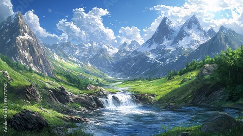 Serene Mountain Landscape with Flowing River Ideal for Adventure Travel and Outdoor Explor