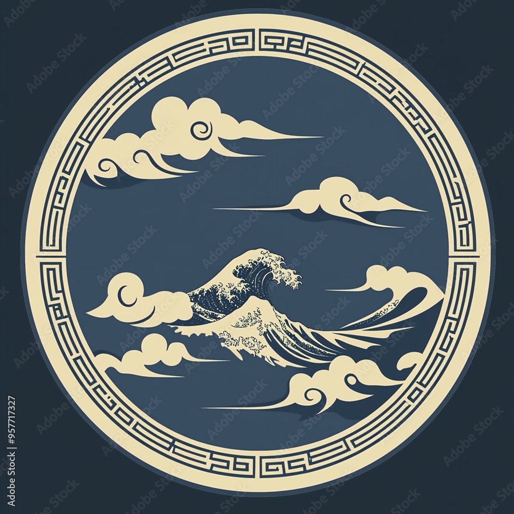Japanese Wave Illustration in a Circle with Clouds and Pattern Japanese Wave Illustration in a Circle with Clouds and Pattern