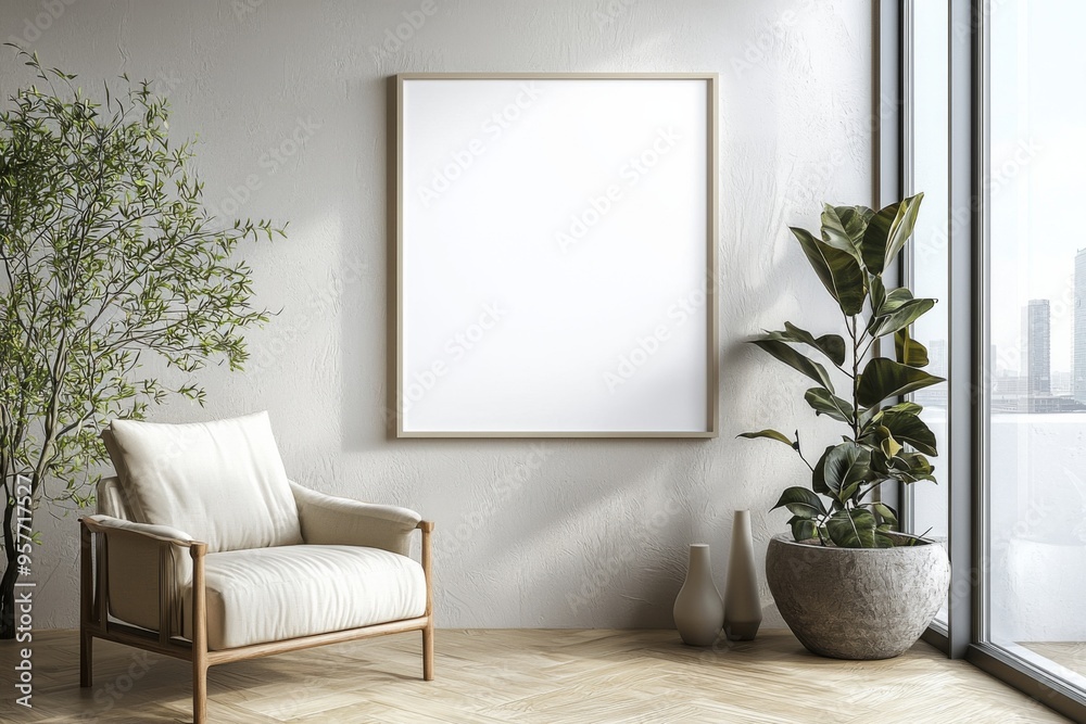 Poster Frame in Beige minimalist living room interior created with generative AI