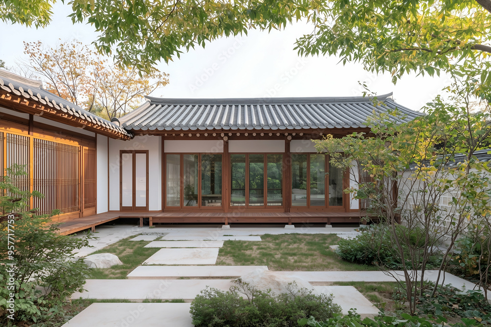 Fototapeta premium Traditional Korean Hanok House with Wooden Structure and Tiled Roof under Blue Sky