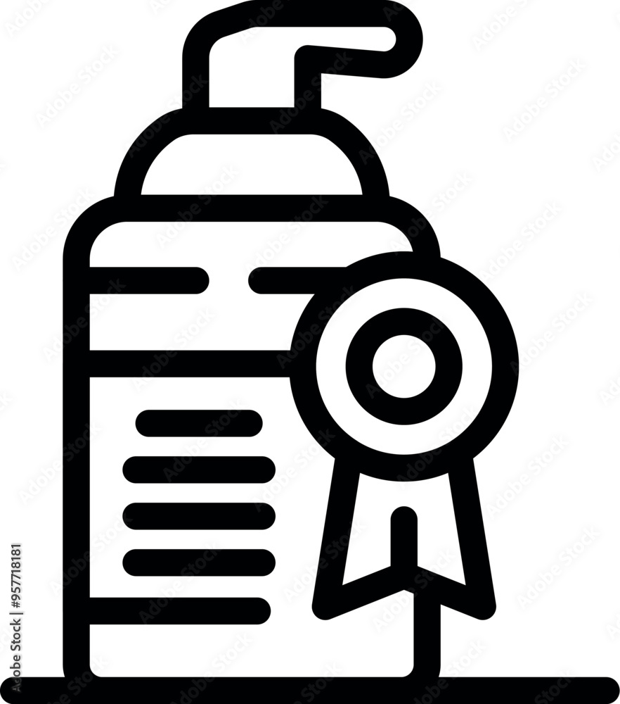 Simple approved product bottle with ribbon award sign icon showing quality guarantee in outline style Simple approved product bottle with ribbon award sign icon showing quality guarantee in outline style