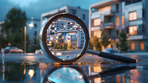 The search for a new house to purchase in the rental housing market is depicted by a magnifying glass near a residential building.