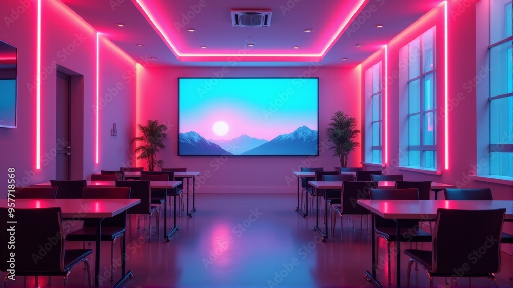 A room with a large screen and a sunset on it