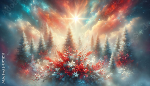 A winter landscape featuring a cluster of evergreen trees with vibrant red and white foliage. In the background a luminous star shines brightly amidst soft ethereal clouds