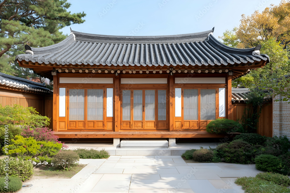 Traditional Korean Hanok House with Wooden Structure and Tiled Roof under Blue Sky Traditional Korean Hanok House with Wooden Structure and Tiled Roof under Blue Sky