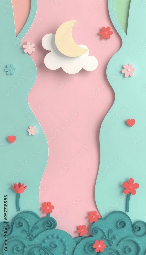 Pastel paper cut out of a crescent moon, white cloud, and pink and red flowers. Pastel paper cut out of a crescent moon, white cloud, and pink and red flowers.