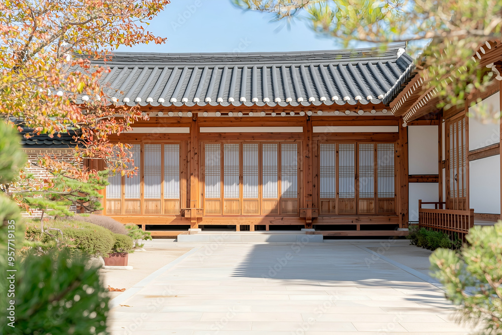 Traditional Korean Hanok House with Wooden Structure and Tiled Roof under Blue Sky Traditional Korean Hanok House with Wooden Structure and Tiled Roof under Blue Sky